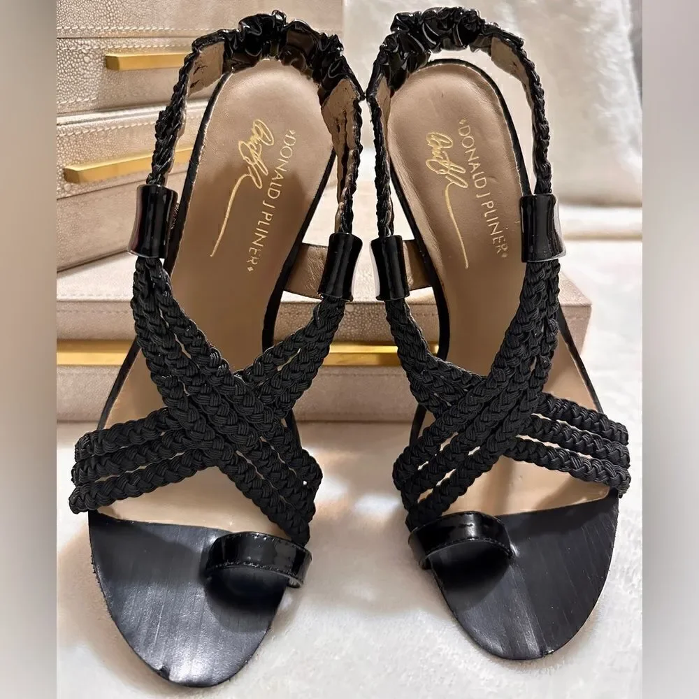 Donald J. Pliner Black Braided Leather Heeled Sandals – Size 8.5M